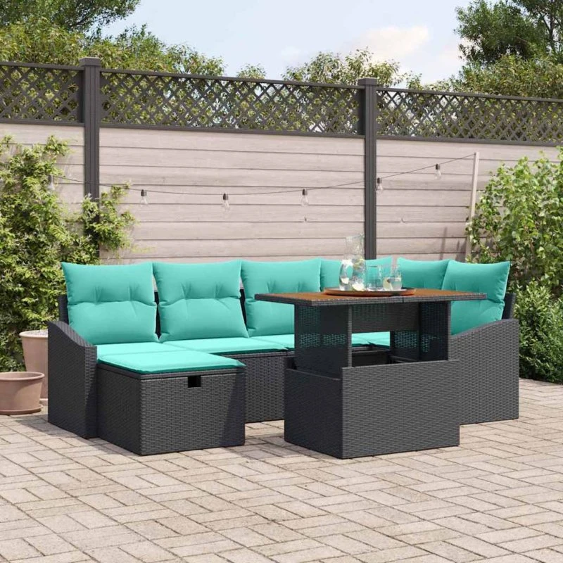 vidaXL Havesofa-sæt 7 dele med opbevaring, sort polyrattan