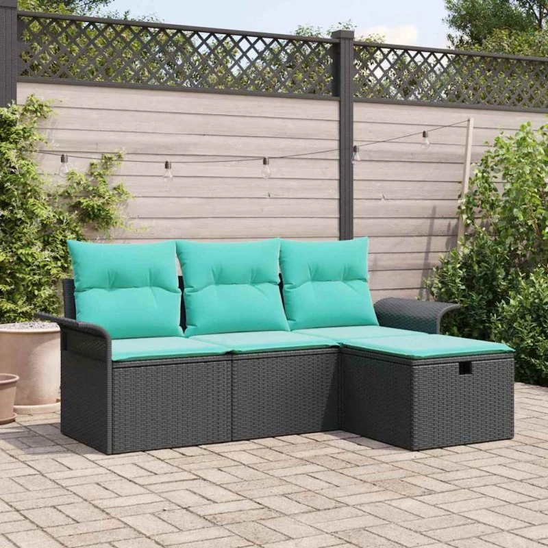 vidaXL Havesofa Sæt 4 dele sort med opbevaring i polyrattan