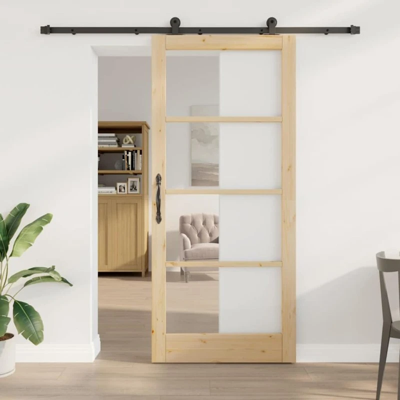vidaXL ORKDAL Skydedør i Fyrretræ og Glas, Naturlig/Sort, 93 x 211 cm