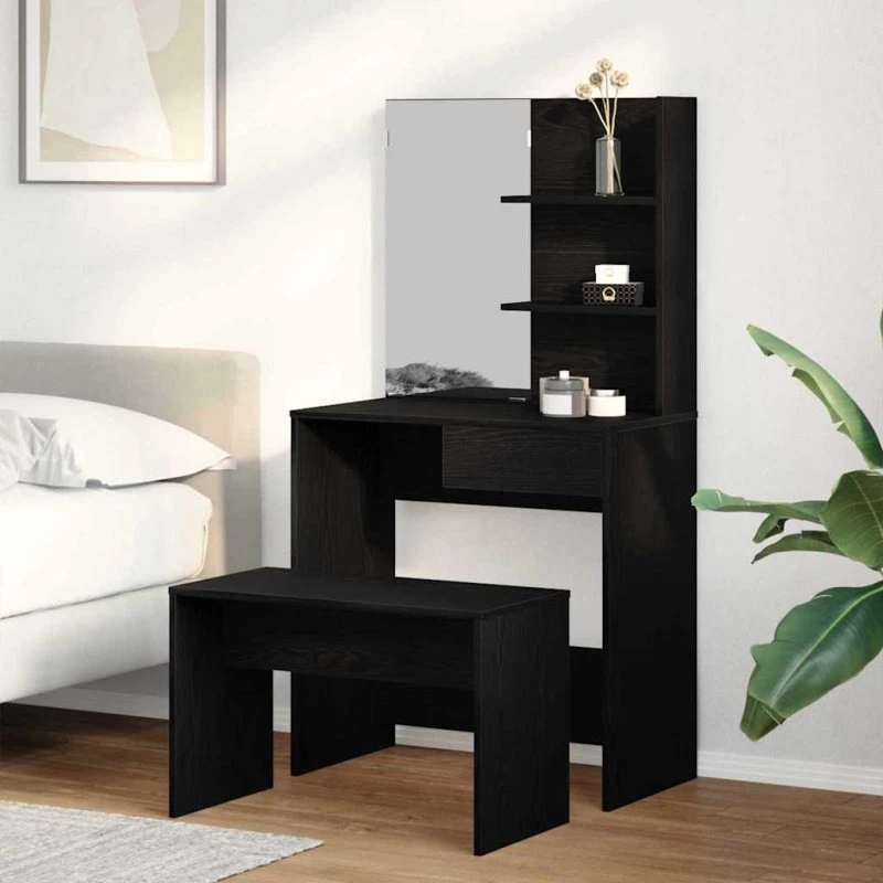 vidaXL Makeupbord Sæt med Skuffe 2 pcs Sort Eg Konstrueret Træ