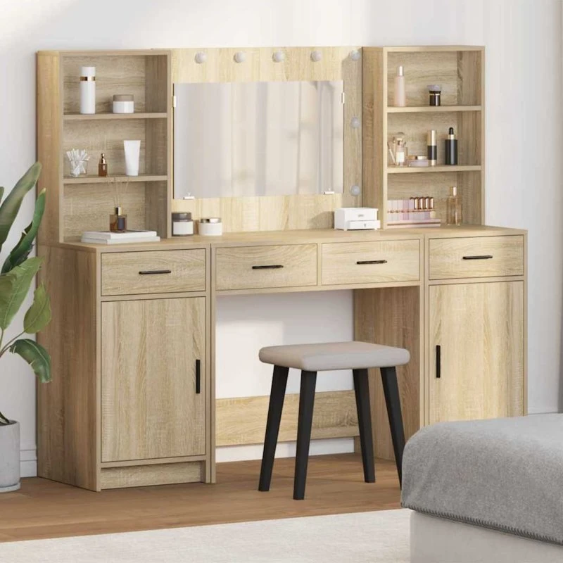 vidaXL Makeupbordssæt med LED, 3 dele, Sonoma eg, konstrueret træ