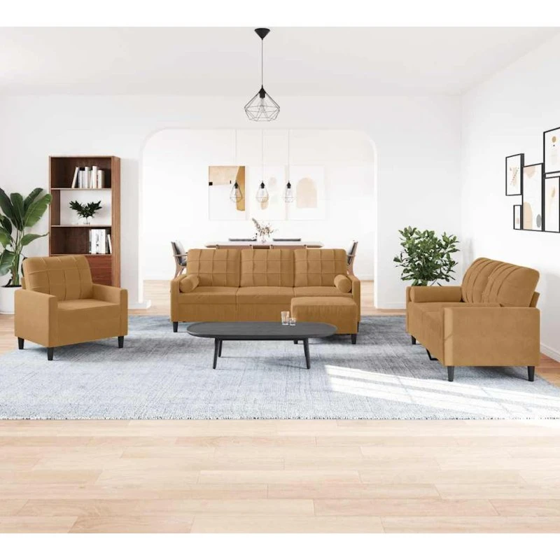 vidaXL sofasæt 4 dele brun velour med hynder og bolsterpuder