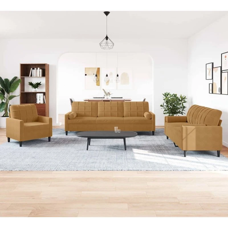 vidaXL 3-delet sofasæt i velour med hynder og bolsterpuder, brun