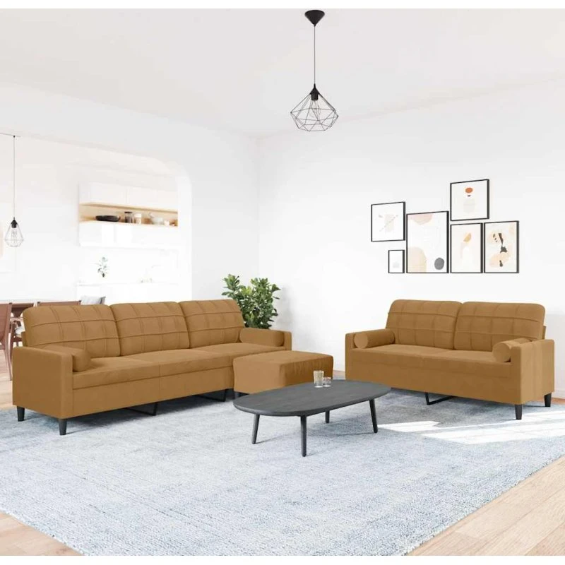 vidaXL sofasæt 3 dele brun velour med hynder og bolsterpuder