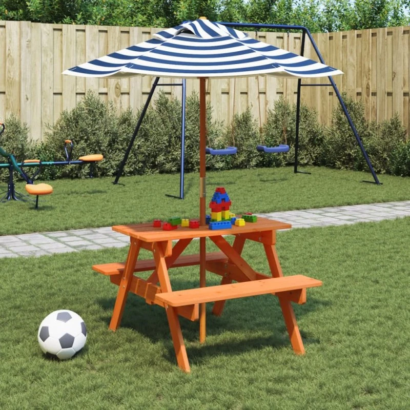 vidaXL picnicbord til 4 børn med parasol, massivt grantræ, brun/blå-hvid