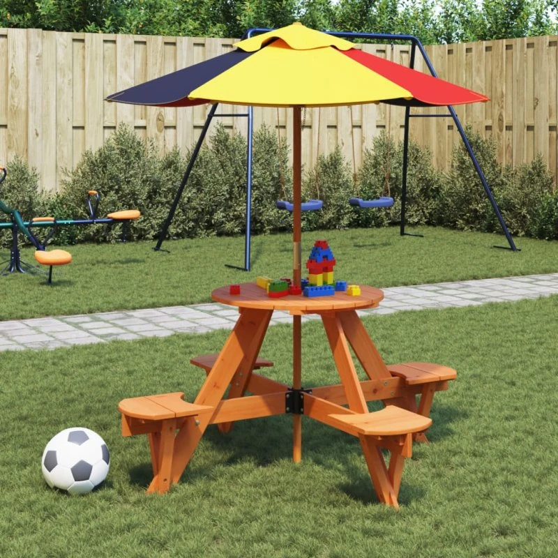 vidaXL Rundt picnicbord til 4 børn med parasol i massivt grantræ, brun