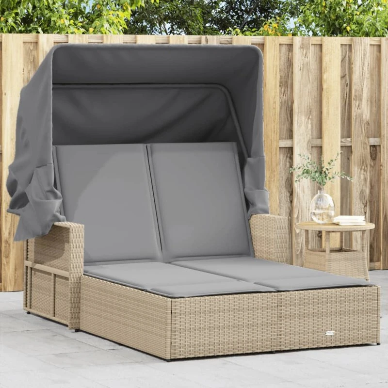vidaXL Dobbelt Solseng med Baldakin og Hynder i Polyrattan, Beige