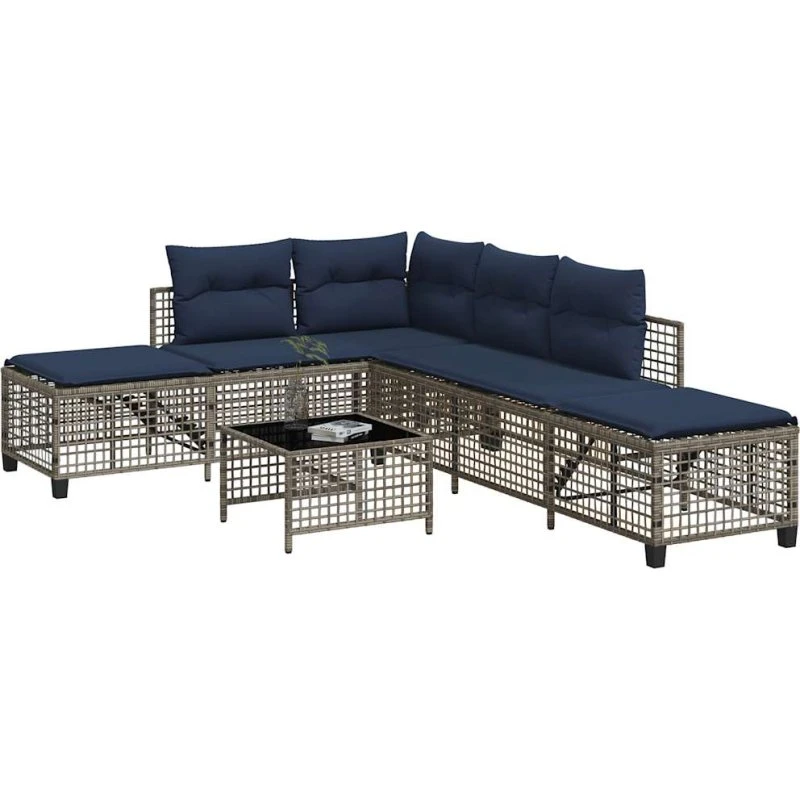 vidaXL 3-delt hjørnehavesofasæt grå polyrattan med marineblå hynder