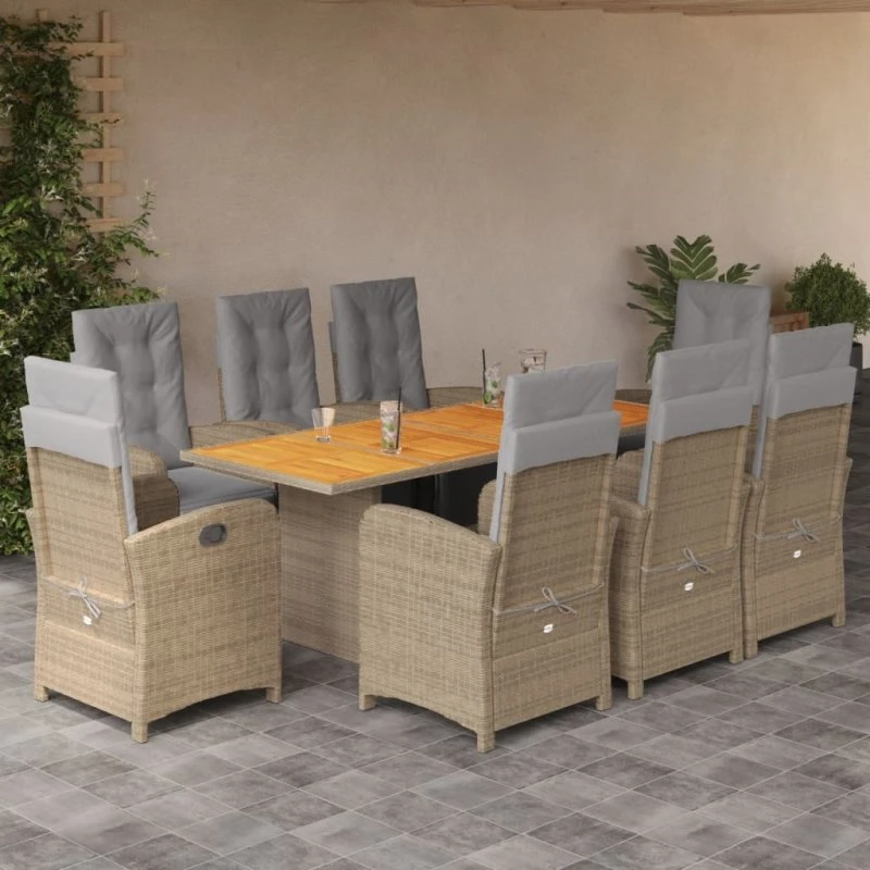 vidaXL 9-deligt spisebordssæt i polyrattan, beige, med hynder