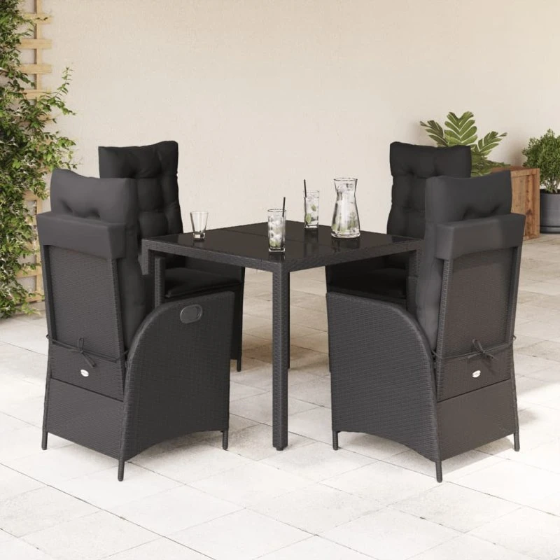 vidaXL 5-delssæt polyrattan sort med hærdet glas og justerbart ryglæn
