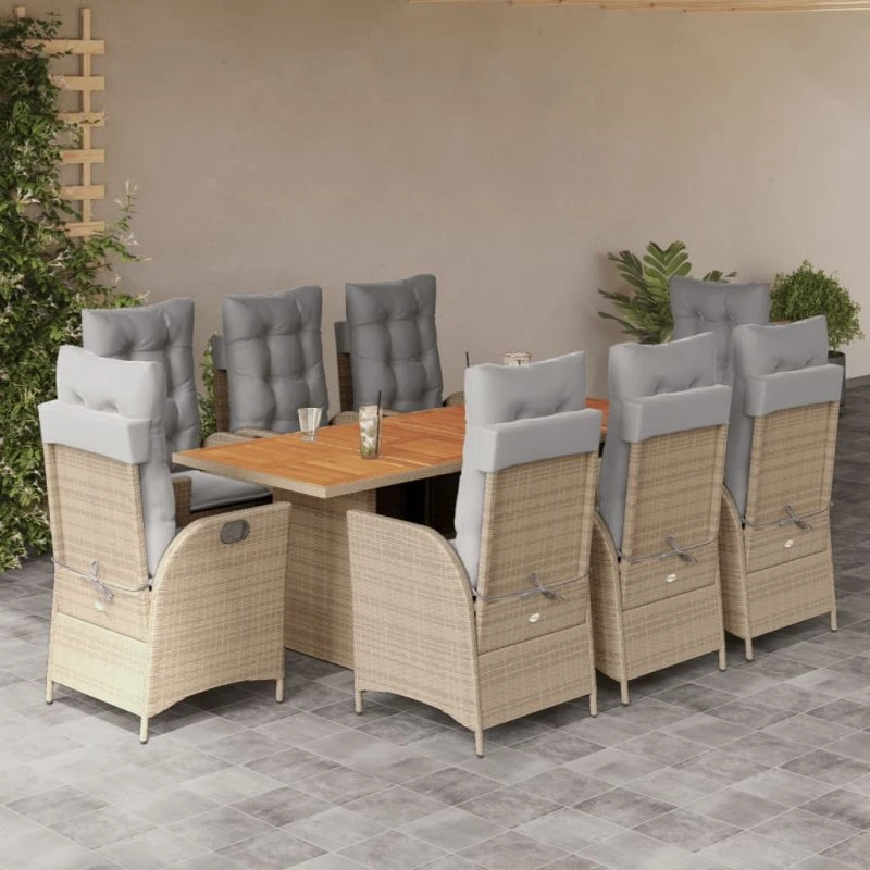 vidaXL 9-delers spisebordssæt i polyrattan, beige