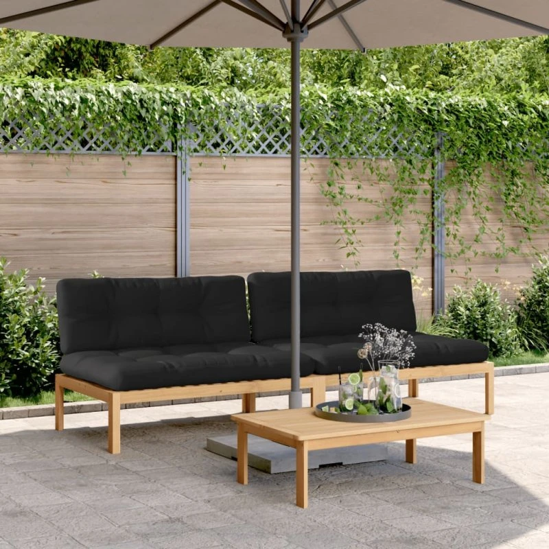 vidaXL Midtermoduler til pallesofa 2 stk. med hynder, massivt akacietræ, sort