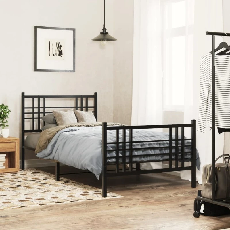 vidaXL Sengeramme 90x190 cm metal sort med gavl og fodgærde