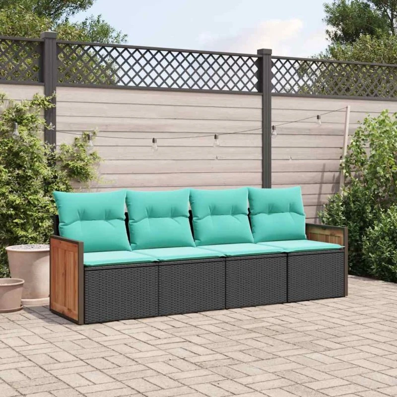 vidaXL havesofasæt 4 dele sort polyrattan med blå hynder