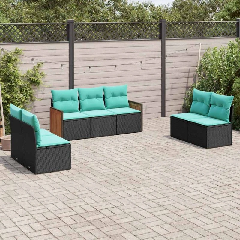vidaXL havesofasæt 7 hynder sort polyrattan