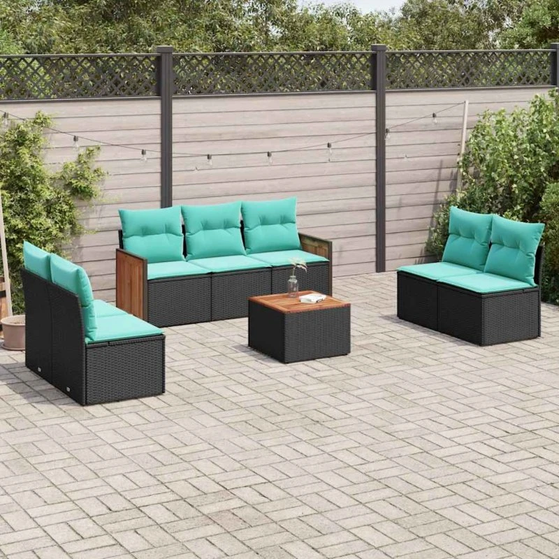 vidaXL 8-delt havesofasæt sort polyrattan med blå hynder