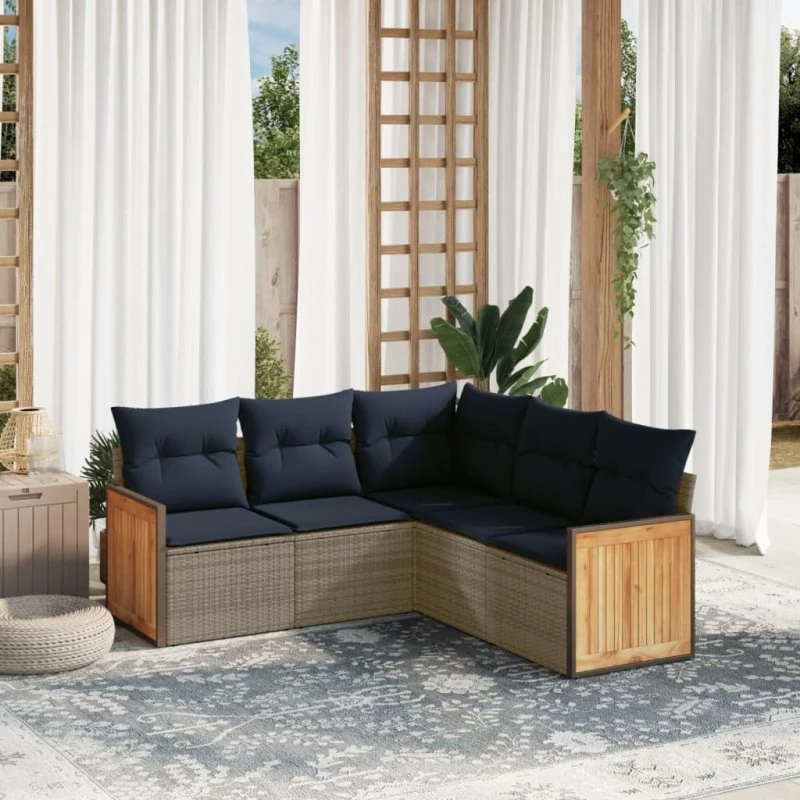 vidaXL Havesofasæt 5 dele grå polyrattan med marineblå hynder