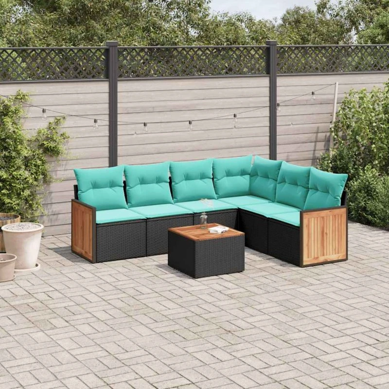 vidaXL havesofasæt 7 hynder sort polyrattan