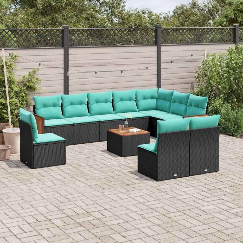 vidaXL 11-delt havesofasæt sort polyrattan med blå hynder