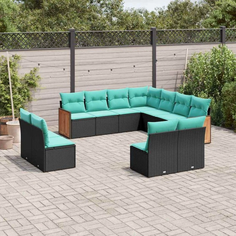 vidaXL 11-delt havesofasæt sort polyrattan med blå hynder