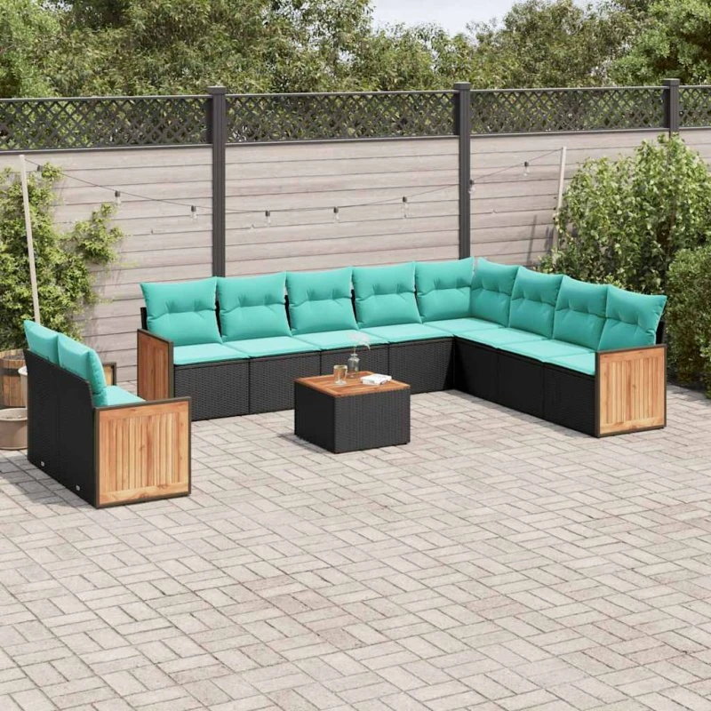 vidaXL 11-delt havesofasæt sort polyrattan med blå hynder