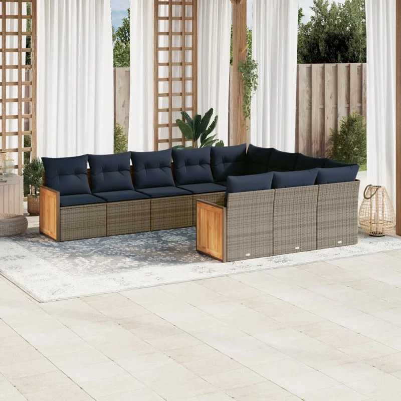 vidaXL Havesofasæt 10 dele grå polyrattan med marineblå hynder