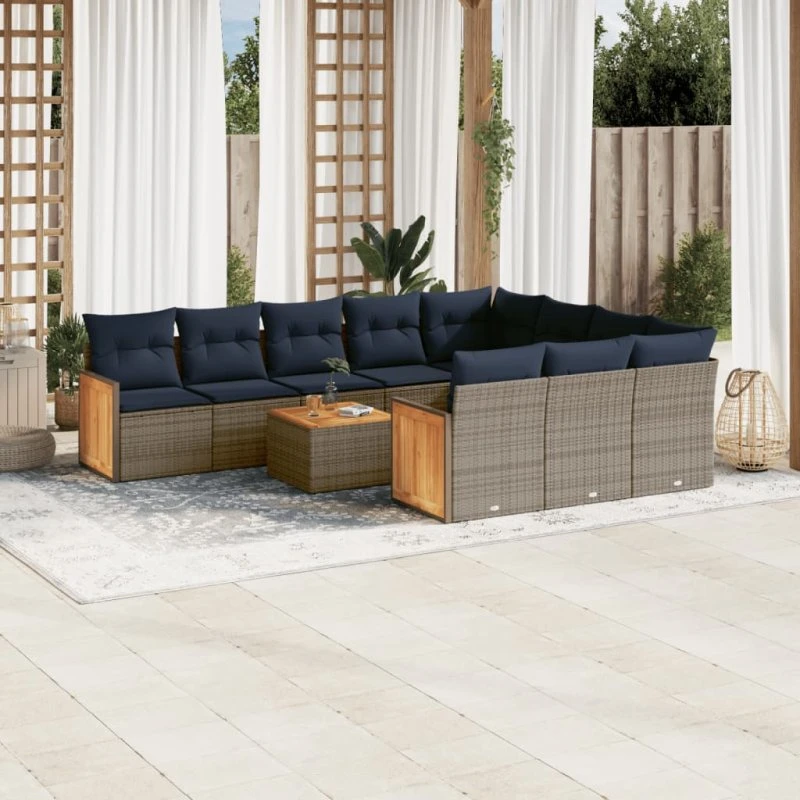 vidaXL 11-delt havesofasæt grå polyrattan med marineblå hynder