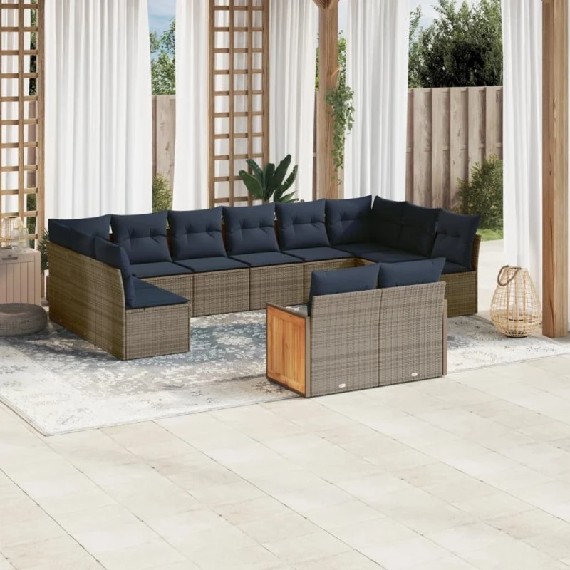 vidaXL 12-delt havesofasæt grå polyrattan med marineblå hynder