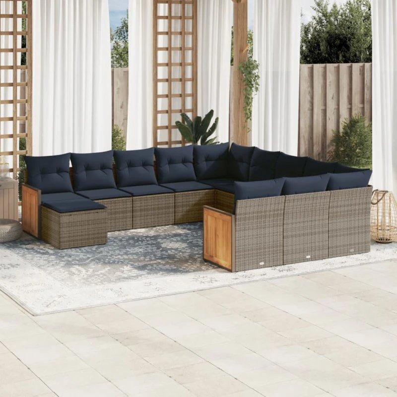 vidaXL 12-delt havesofasæt grå polyrattan med marineblå hynder