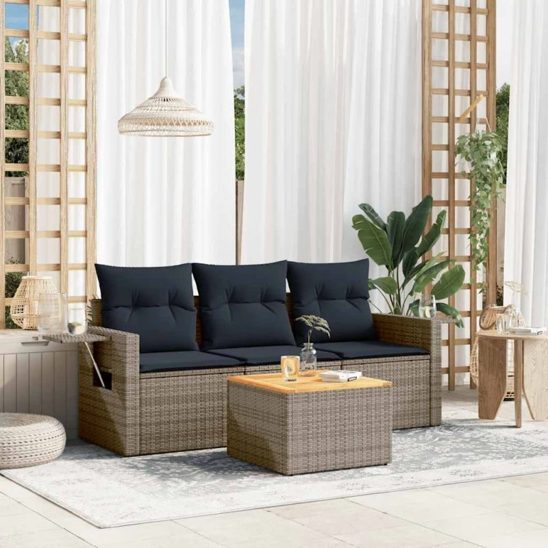 vidaXL Havesofasæt 4 dele grå polyrattan med marineblå hynder