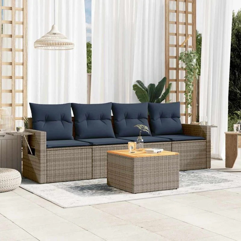 vidaXL Havesofasæt 5 dele grå polyrattan med hynder