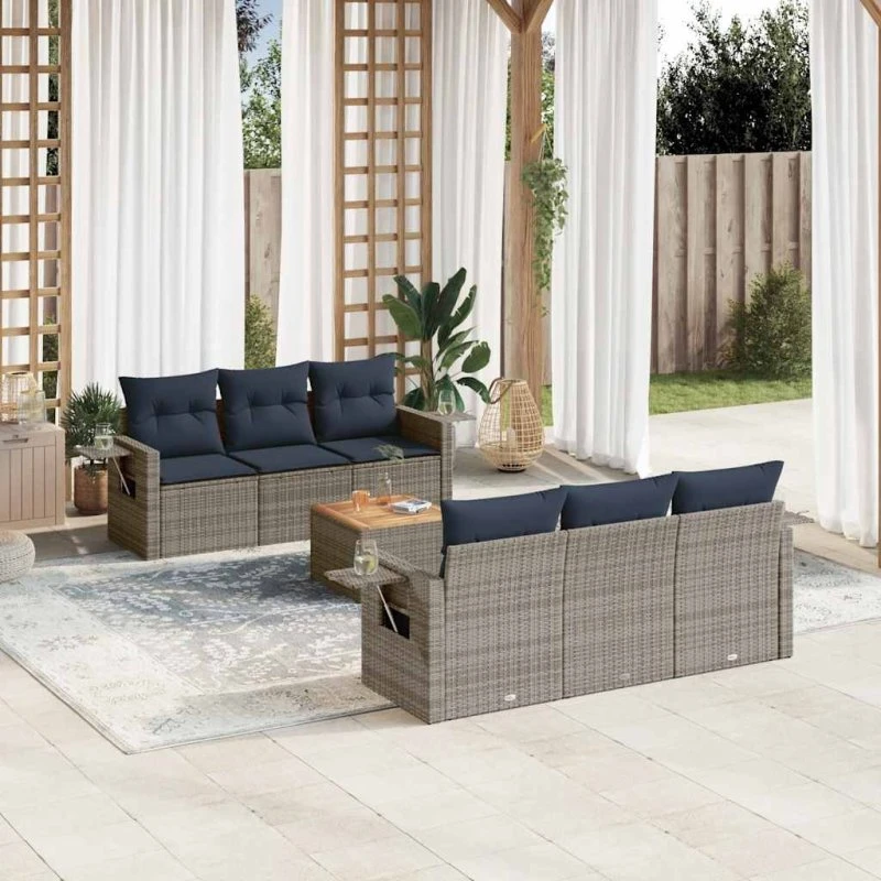 vidaXL Havesofasæt 7 dele grå polyrattan med marineblå hynder