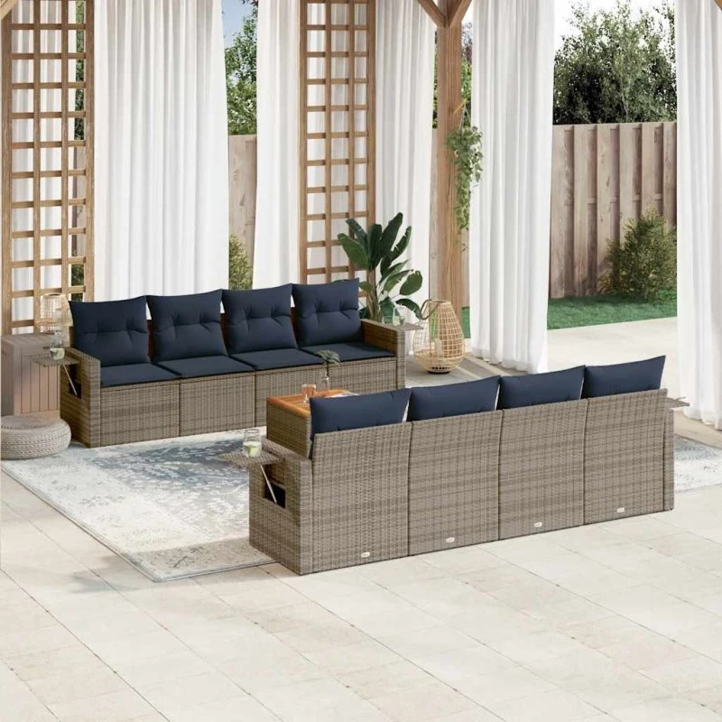 vidaXL Havesofasæt 9 dele grå polyrattan med marineblå hynder