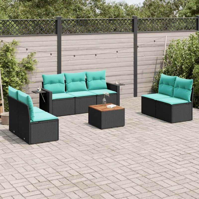 vidaXL 8-delt havesofasæt sort polyrattan med blå hynder