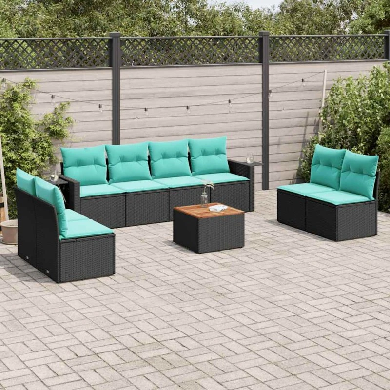 vidaXL havesofasæt 9 dele sort polyrattan med blå hynder