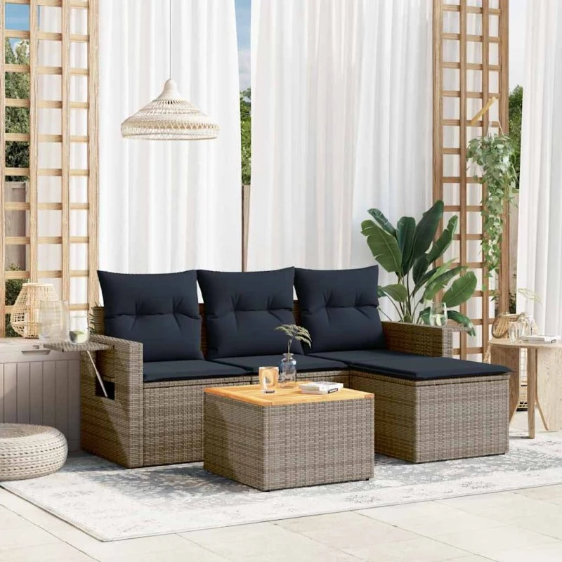 vidaXL Havesofasæt 5 dele grå polyrattan med marineblå hynder