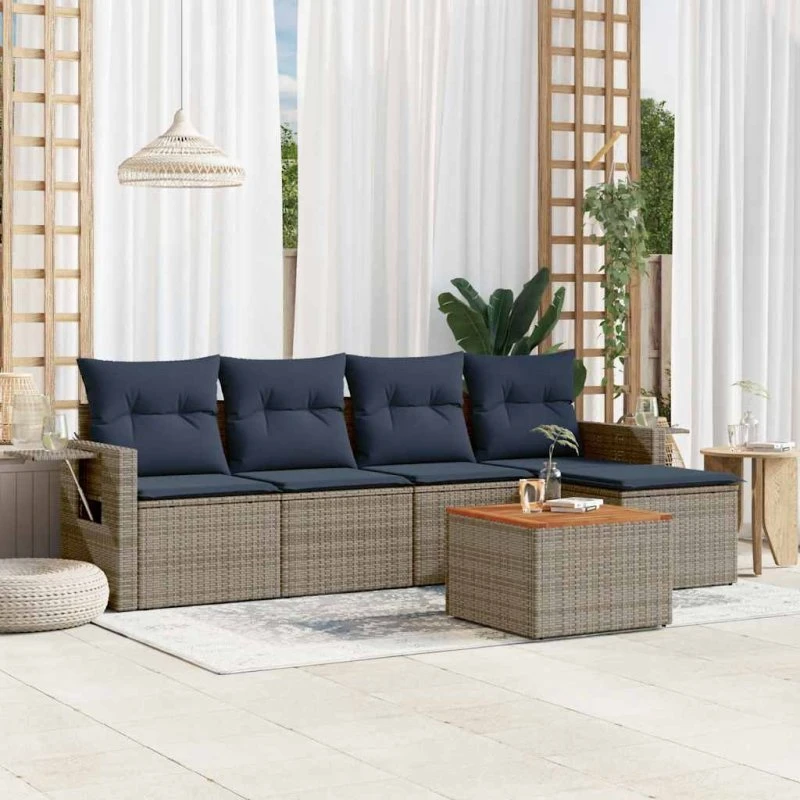 vidaXL Havesofasæt 6 dele grå polyrattan med marineblå hynder