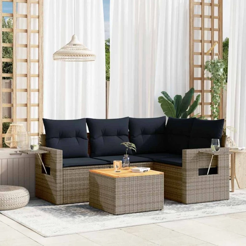 vidaXL Havesofasæt 5 dele grå polyrattan med marineblå hynder