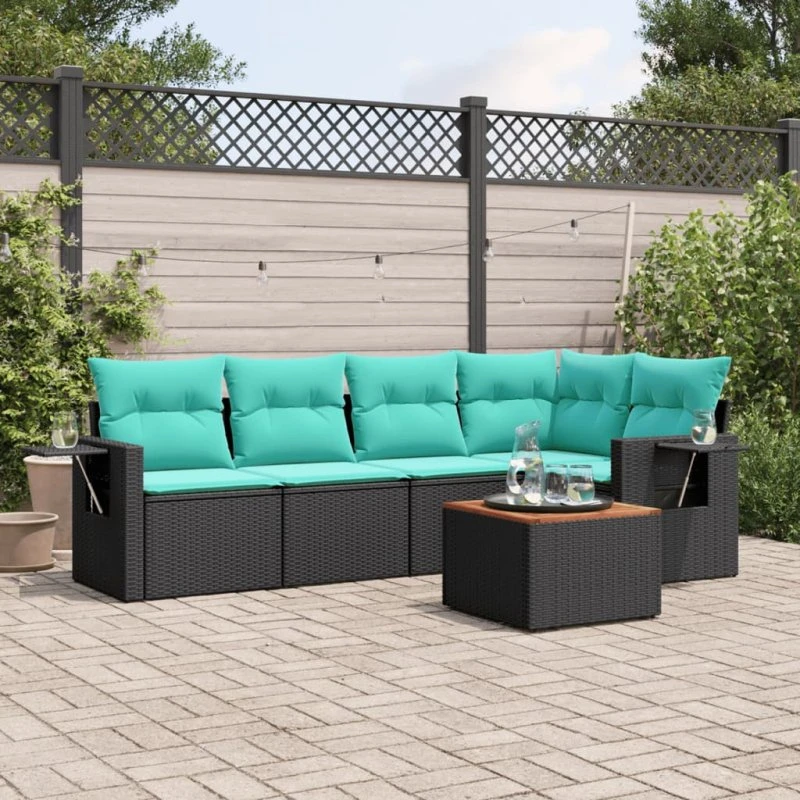 vidaXL havesofasæt 6-personer sort polyrattan med blå hynder
