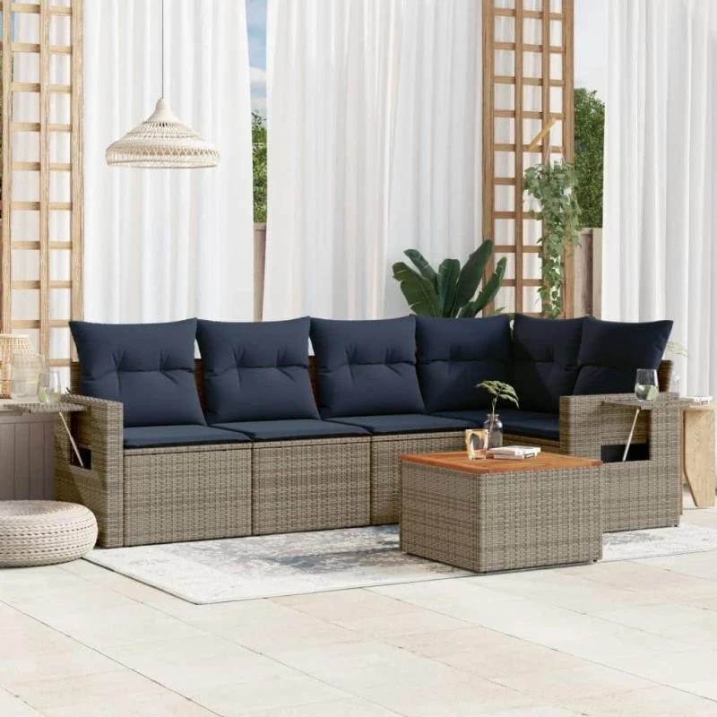 vidaXL Havesofasæt 6 dele grå polyrattan med marineblå hynder