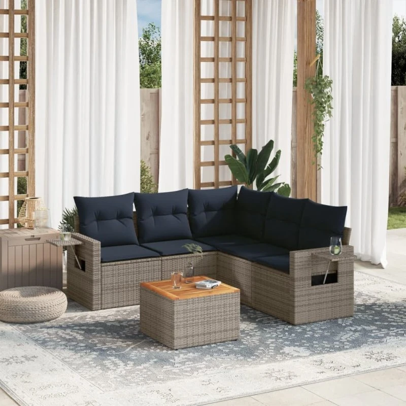 vidaXL Havesofasæt 6 dele grå polyrattan med marineblå hynder