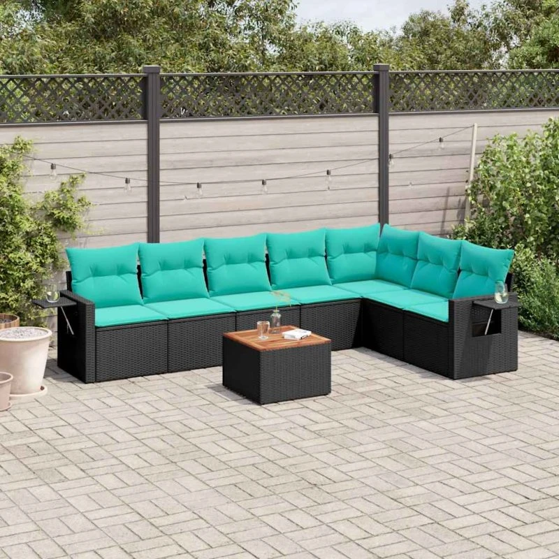 vidaXL 8-delt havesofasæt sort polyrattan med hynder