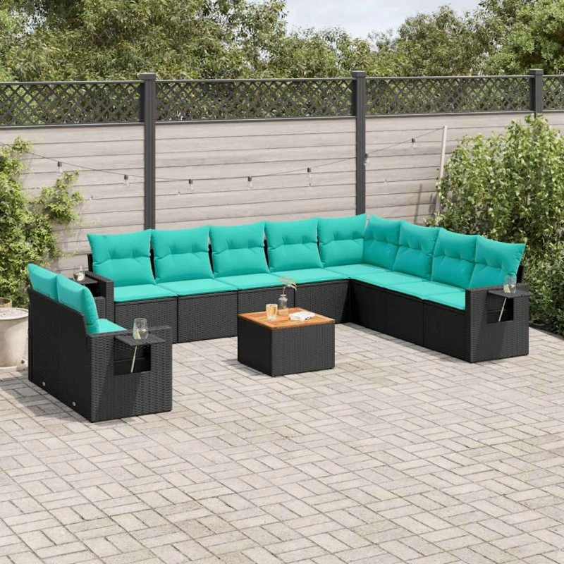vidaXL 11-delt havesofasæt sort polyrattan med blå hynder
