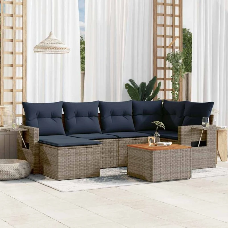 vidaXL Havesofasæt 7 dele grå polyrattan med marineblå hynder