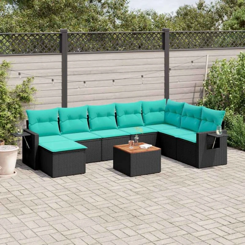 vidaXL havesofasæt 9 dele sort polyrattan med blå hynder