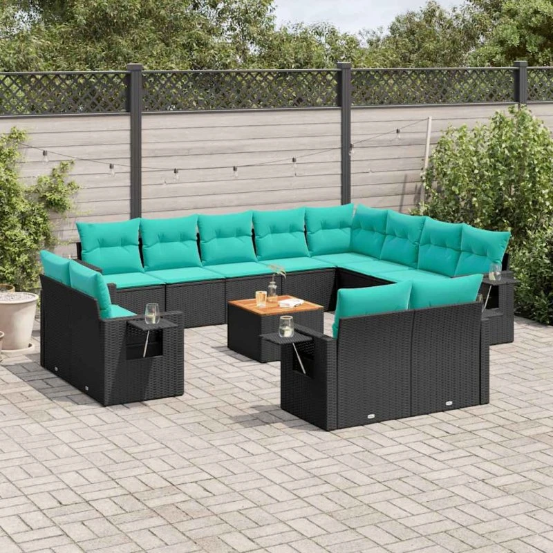 vidaXL 13-delt havesofasæt sort polyrattan med blå hynder
