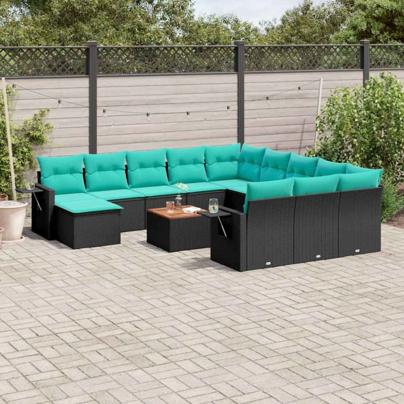 vidaXL 13-delt havesofasæt sort polyrattan med blå hynder