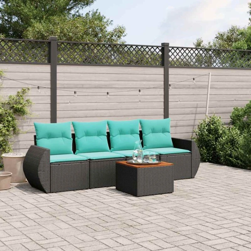 vidaXL havesofasæt 5 dele sort polyrattan med blå hynder