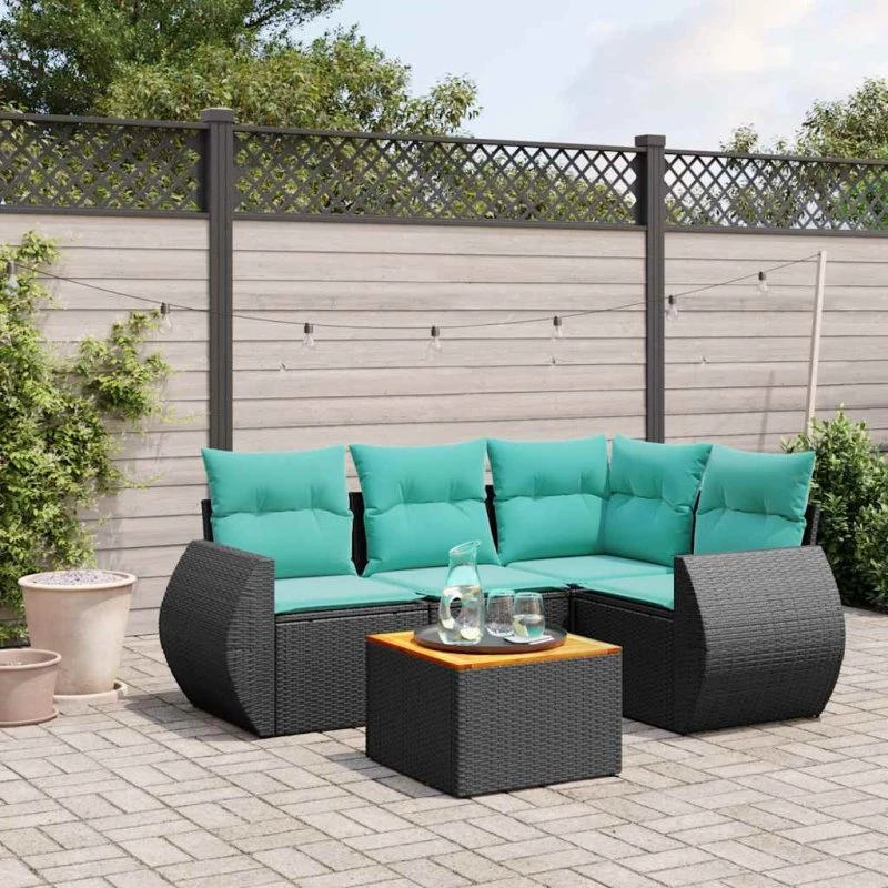 vidaXL 5-delssæt havesofa med hynder i sort polyrattan