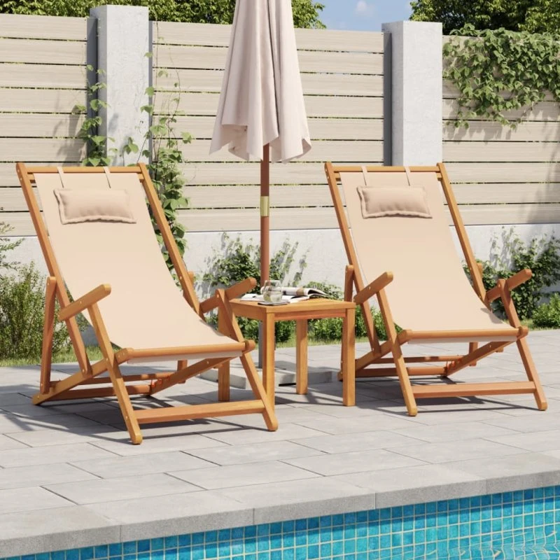 vidaXL Strandstole 2 stk. foldbar, stof & massivt eukalyptustræ, beige